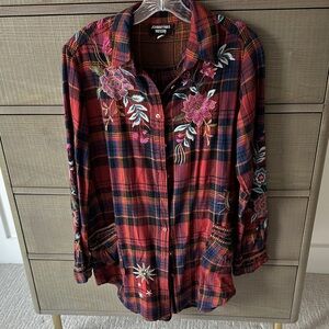 Johnny Was Plaid Flannel Embroidered Shirt
